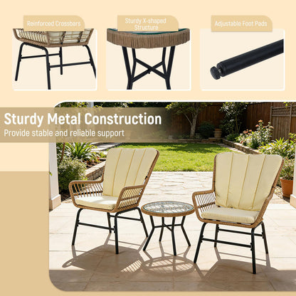 3 Pieces Patio Bistro Set Outdoor PE Wicker Conversation Set with Tempered Glass Coffee Table