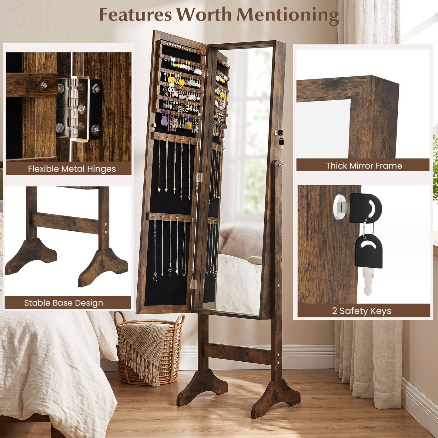 Freestanding Jewelry Armoire Cabinet with Full Length Mirror