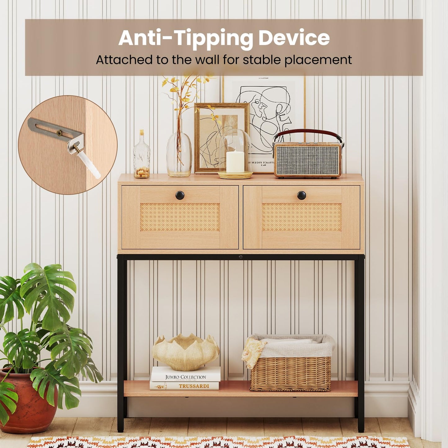 80 CM Boho Console Table with 2 Drawers and Bottom Shelf