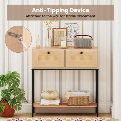 80 CM Boho Console Table with 2 Drawers and Bottom Shelf