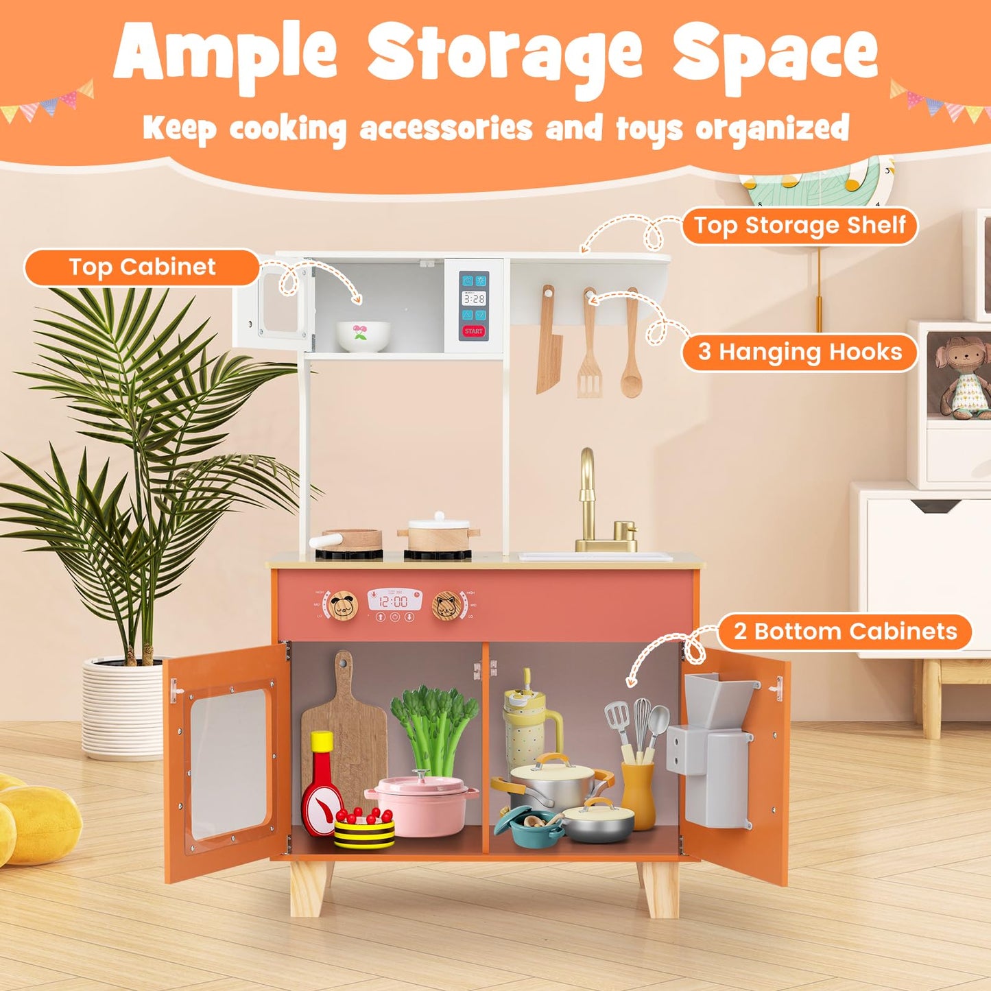 Wooden Play Kitchen with Cookware Accessories for Ages 3-6