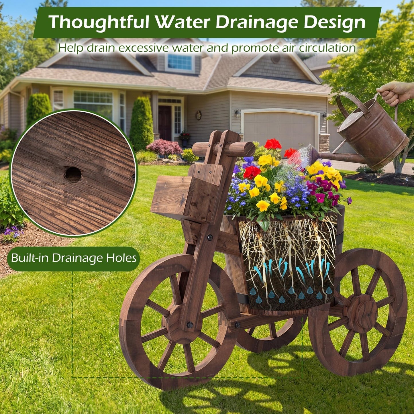 Wooden Wagon Planter, Tricycle Garden Planter with Drainage Hole