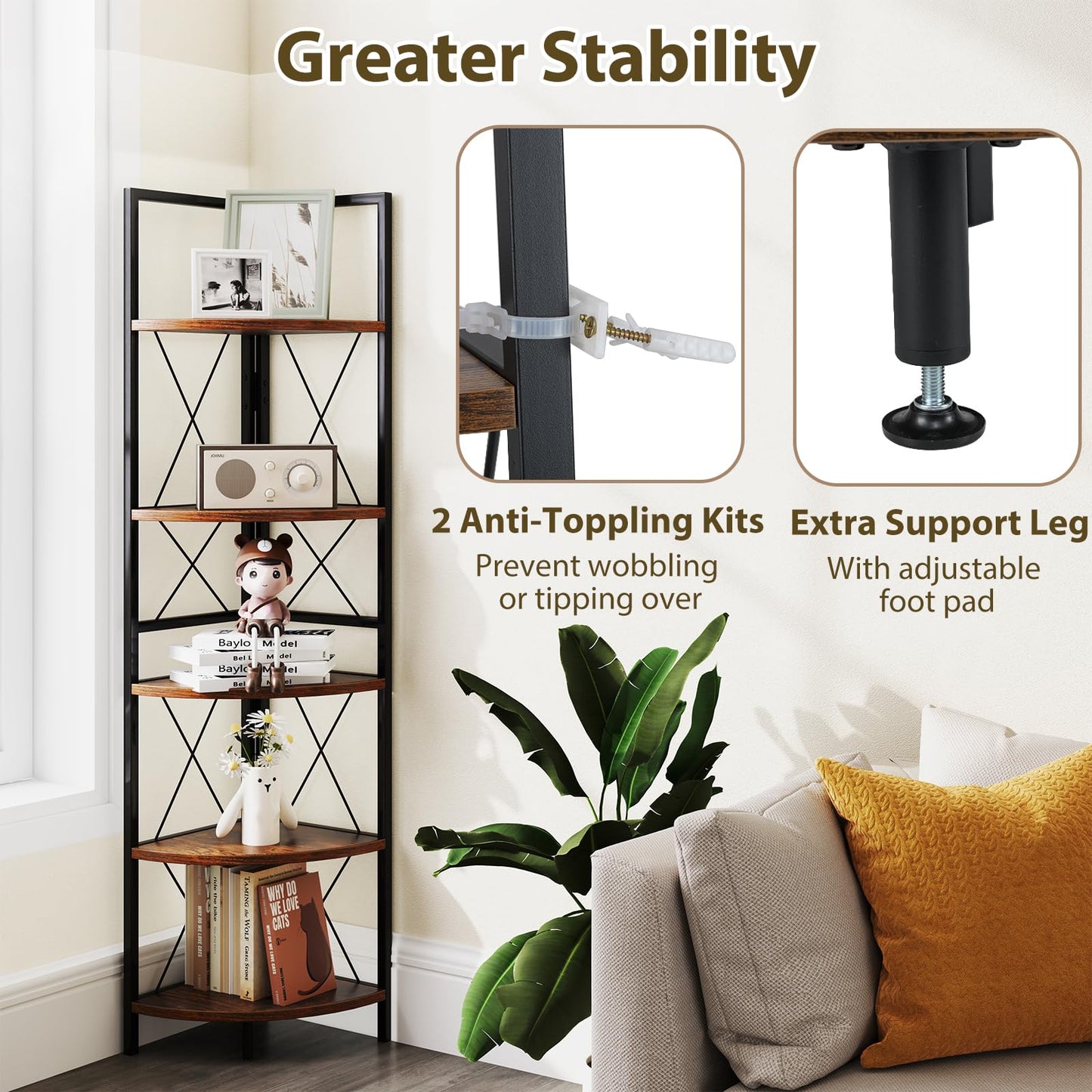 160 CM 5 tier Corner Bookshelf with Metal Frame X-shaped Brackets