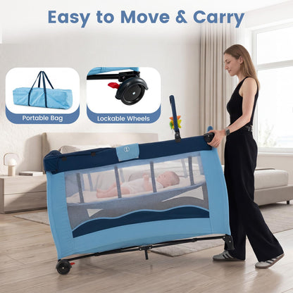 4 in 1 Pack and Play Foldable and Portable Baby Playard with Diaper Changing Table and 3 Hanging Toys