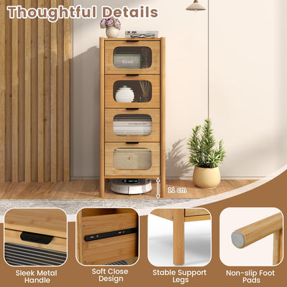 4 Drawer Dresser Bamboo Storage Cabinet with Fluted Tempered Glass Drawers