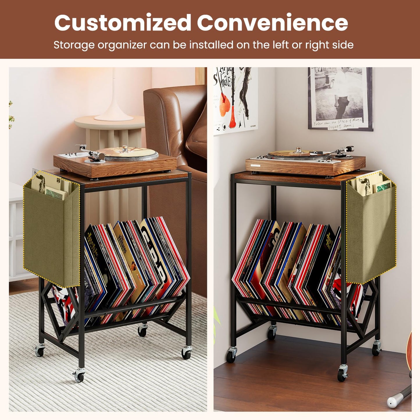 Record Player Stand, Rolling Turntable Stand End Sofa Side Table with Vinyl Shelf