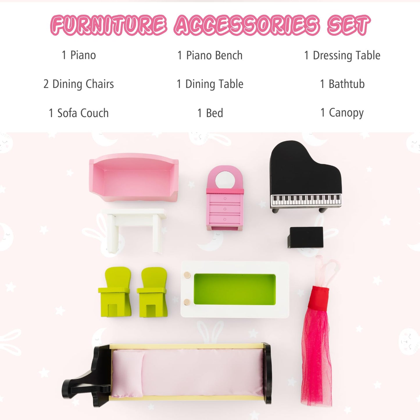 Wooden Dollhouse with Working Elevator and Rotatable Staircase