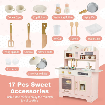Wooden Toy Kitchen, Kids Pretend Play Kitchen with 17 Pcs Accessories