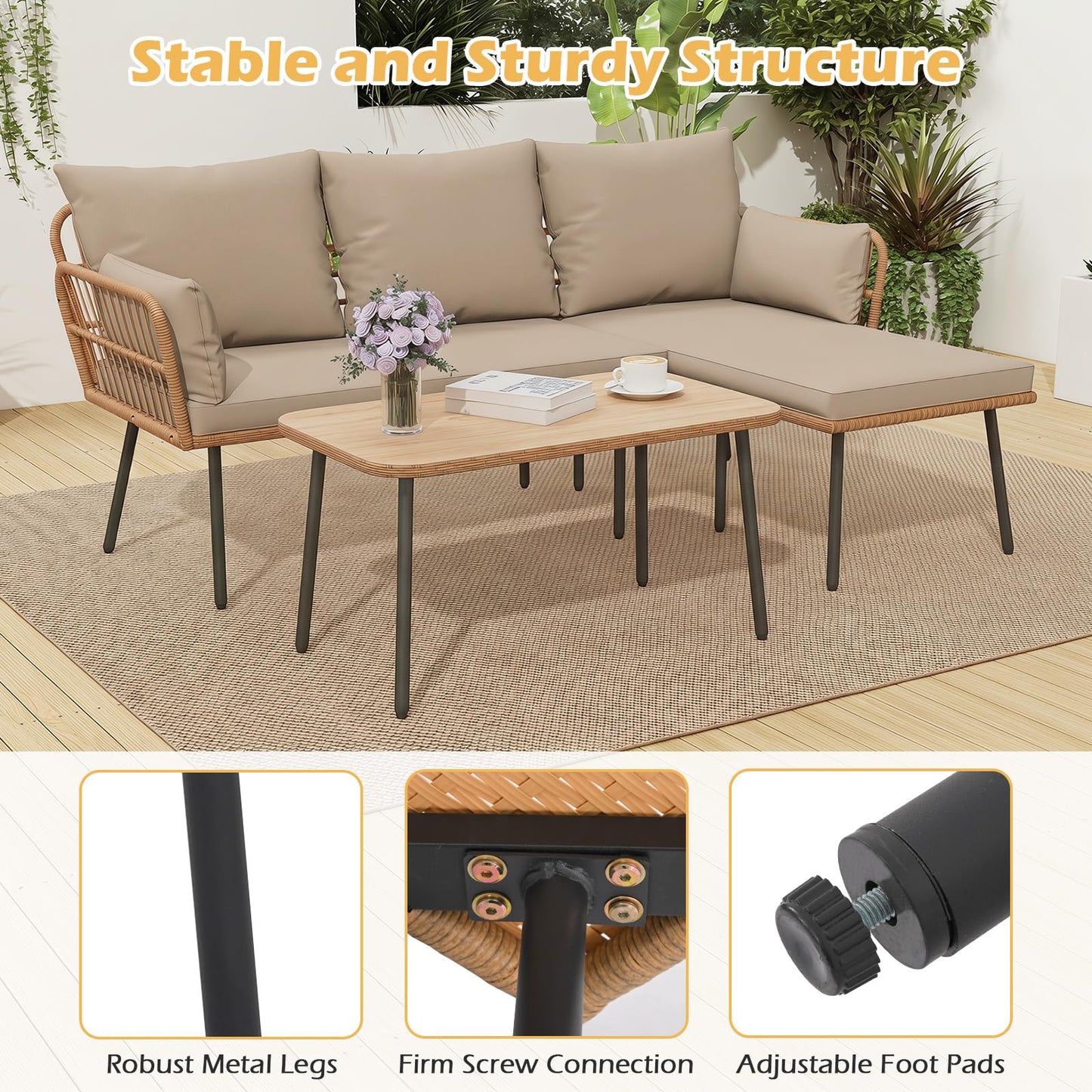 4-Seater Rattan Garden Furniture Set, 3-Piece L Shaped Sectional Outdoor Corner Sofa Sets