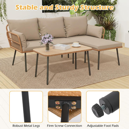 4-Seater Rattan Garden Furniture Set, 3-Piece L Shaped Sectional Outdoor Corner Sofa Sets