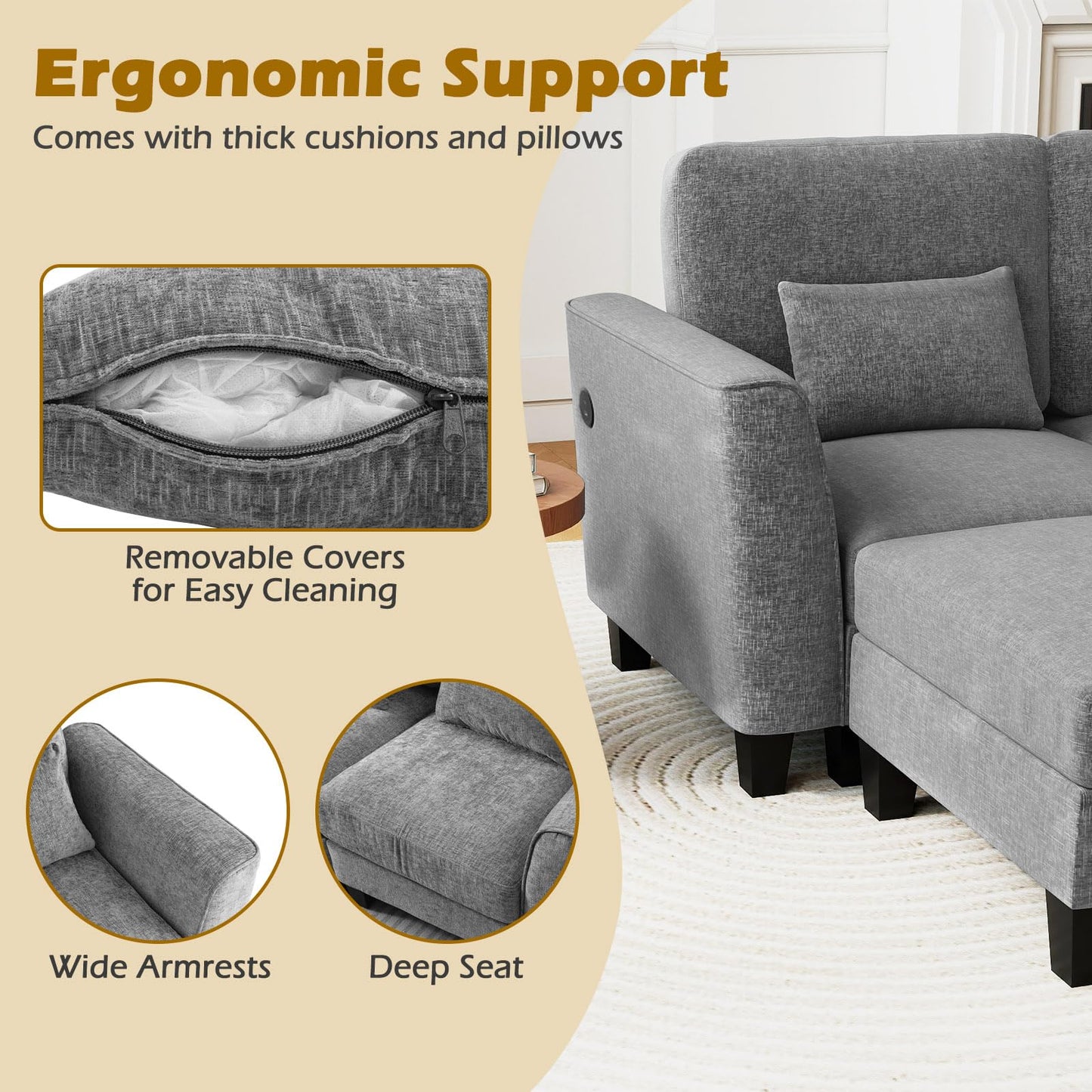 280 cm U-Shaped Sectional Sofa with 2 Ottomans & USB Charging Ports