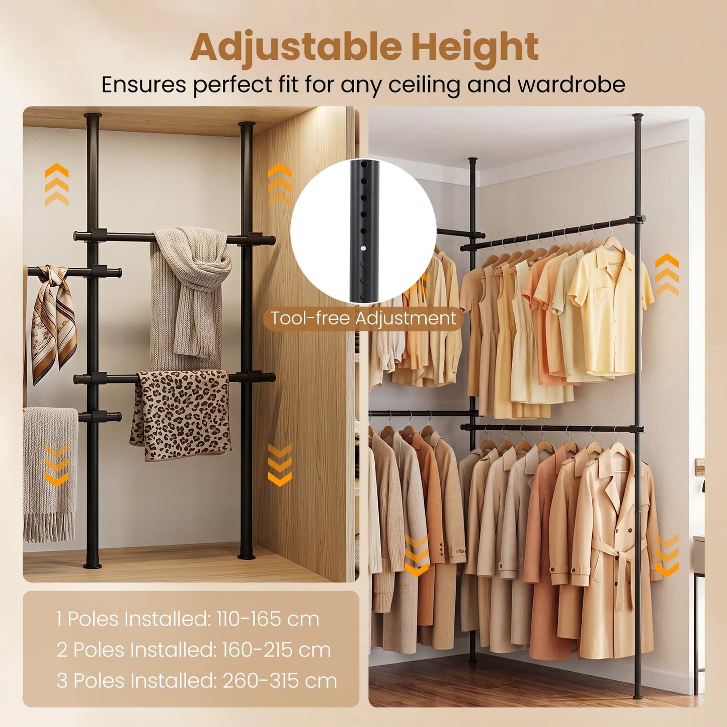 Adjustable Floor to Ceiling Clothes Rack with 2 Hanging Rods Folding Drying Rack and Reacher Pole