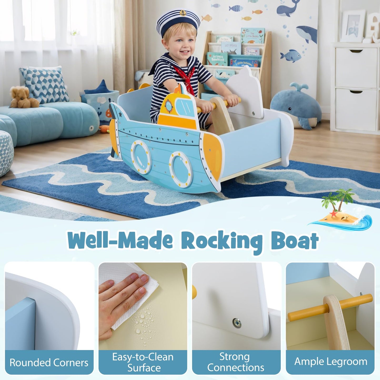 Kids Rocking Boat, Submarine-Themed Wooden Rocking Ship Toy with Rotating Propeller