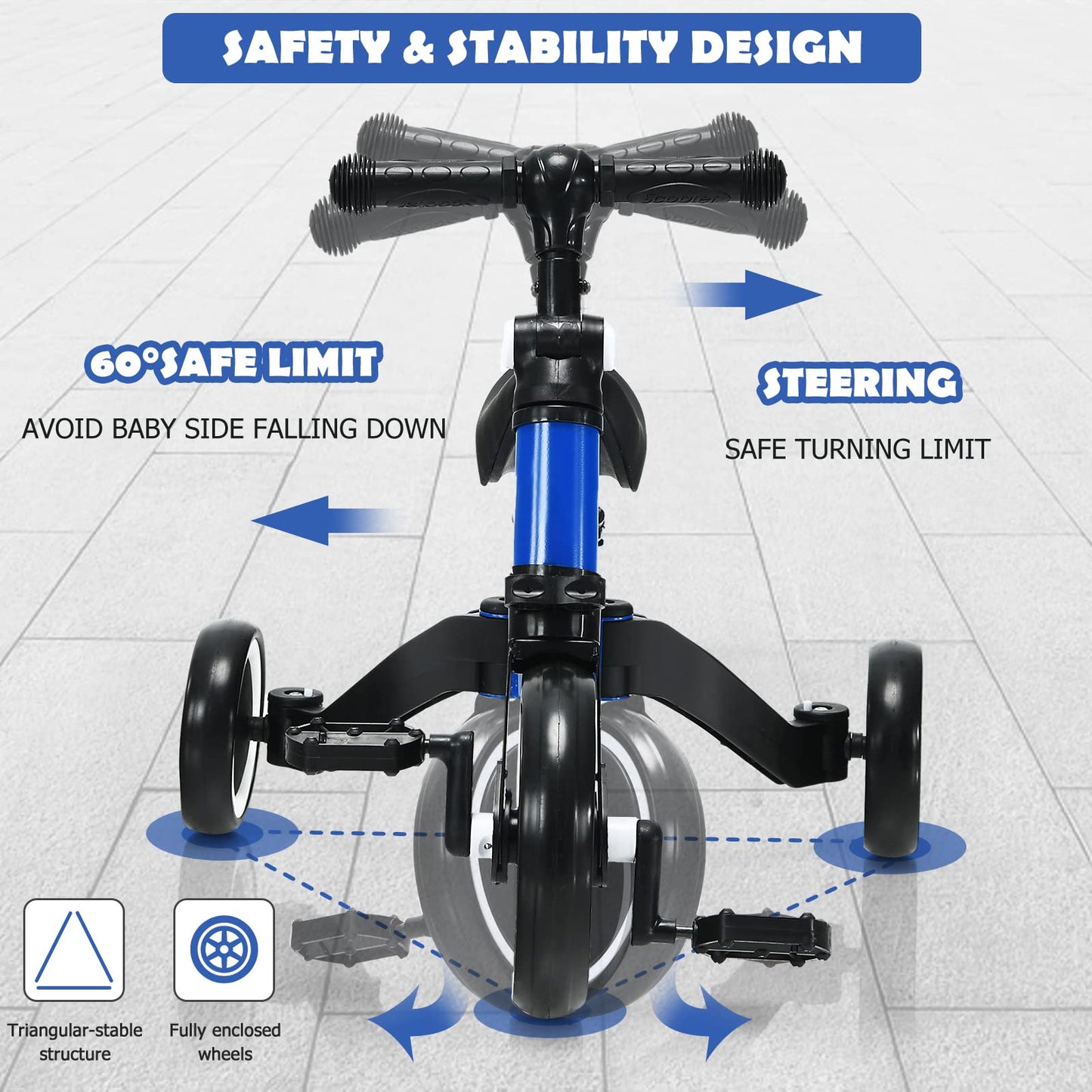 3 in 1 Kids Trike, Folding Baby Tricycle with Adjustable Handlebar and PU Seat