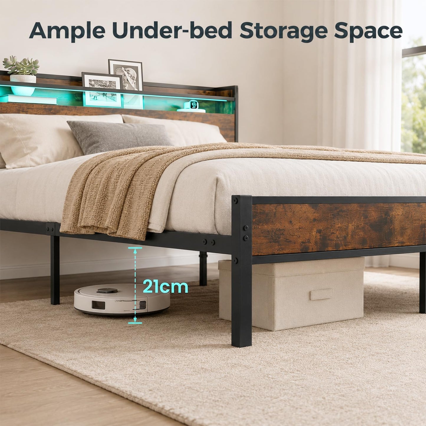 King Size Bed Frame with LED Lights, Charging Station,5ft-150x200cm