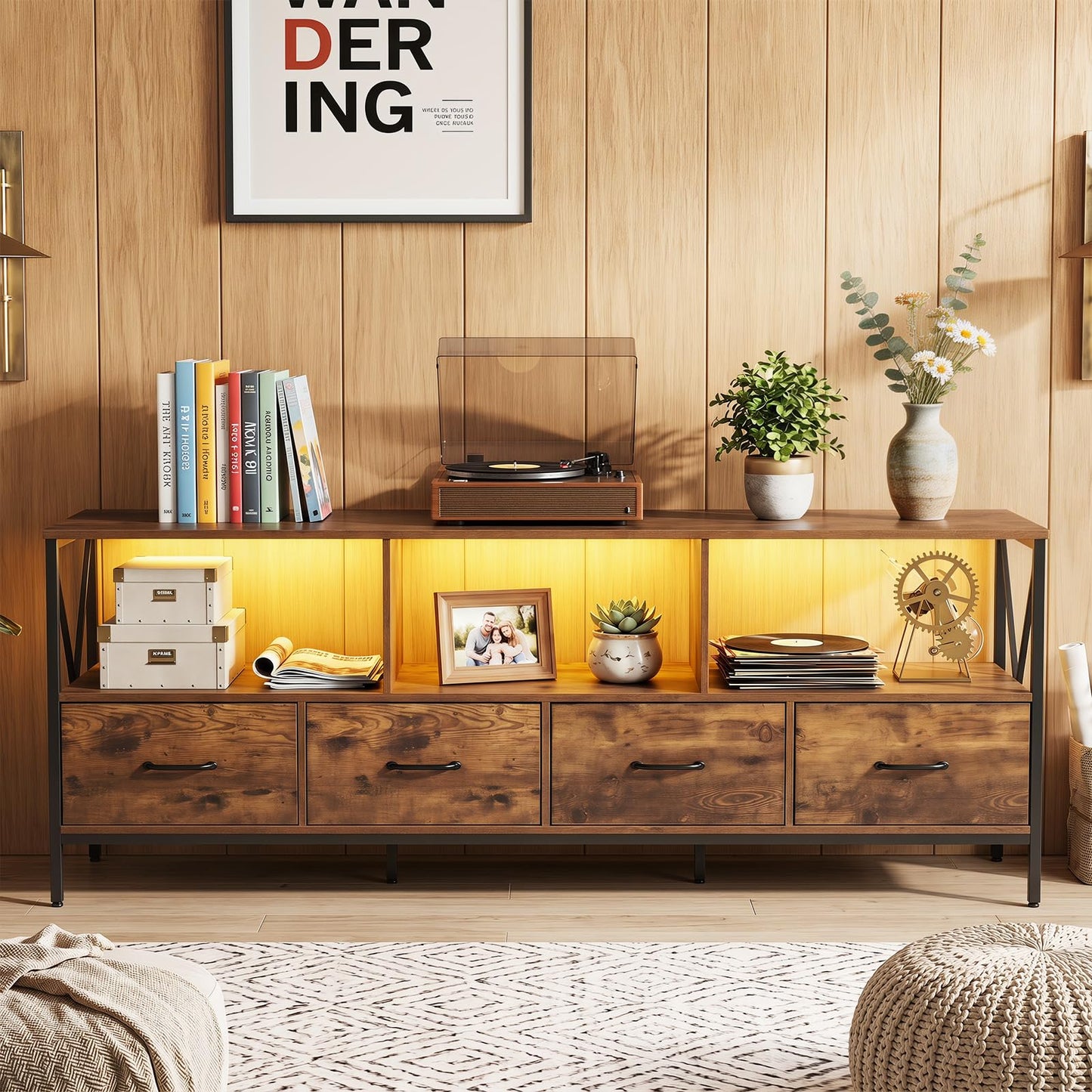 LED TV Unit for 80 Inch TVs, 180cm TV Stand Cabinet with 4 Fabric Drawers & Storage Shelves