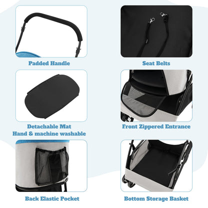 Foldable Pet Stroller with 4-Level Adjustable Canopy and Storage Basket