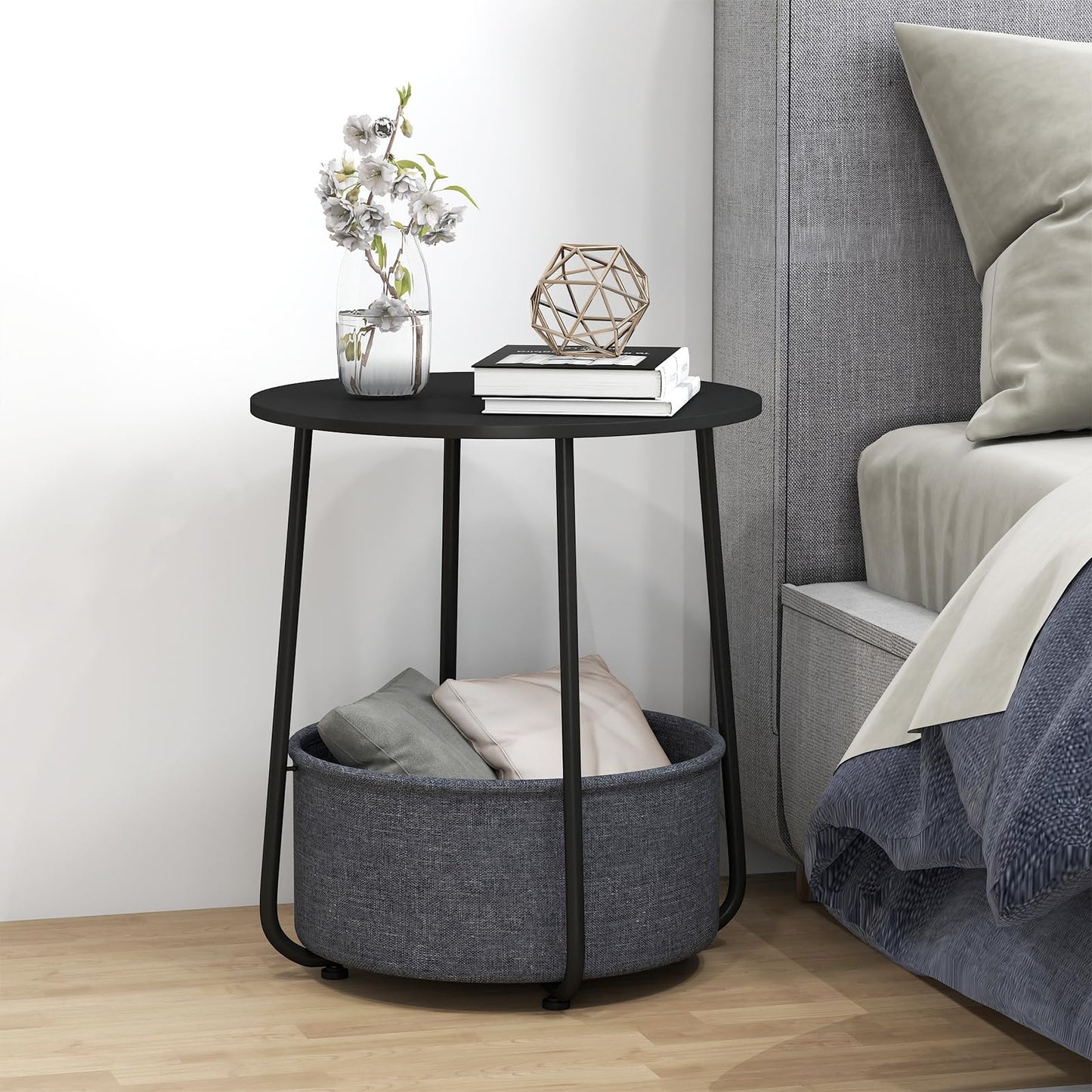 2-Tier End Table with Fabric Storage Basket and Metal Frame