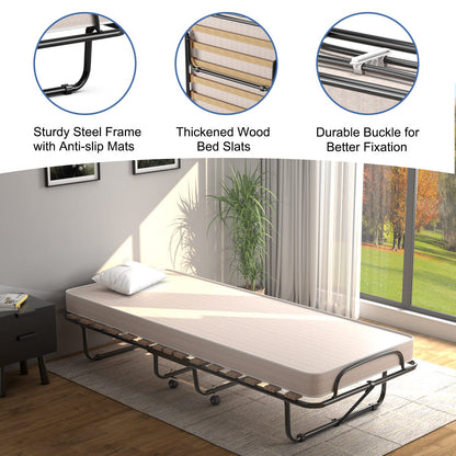 Rollaway Folding Bed with Memory Foam Mattress Guest Bed with Wheels