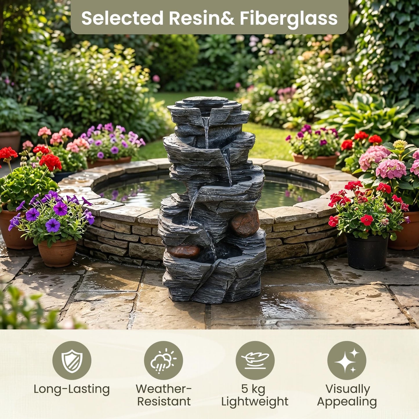 GiantexUK Outdoor Water Fountain, 5-Tier Rock Style Cascading Water Feature