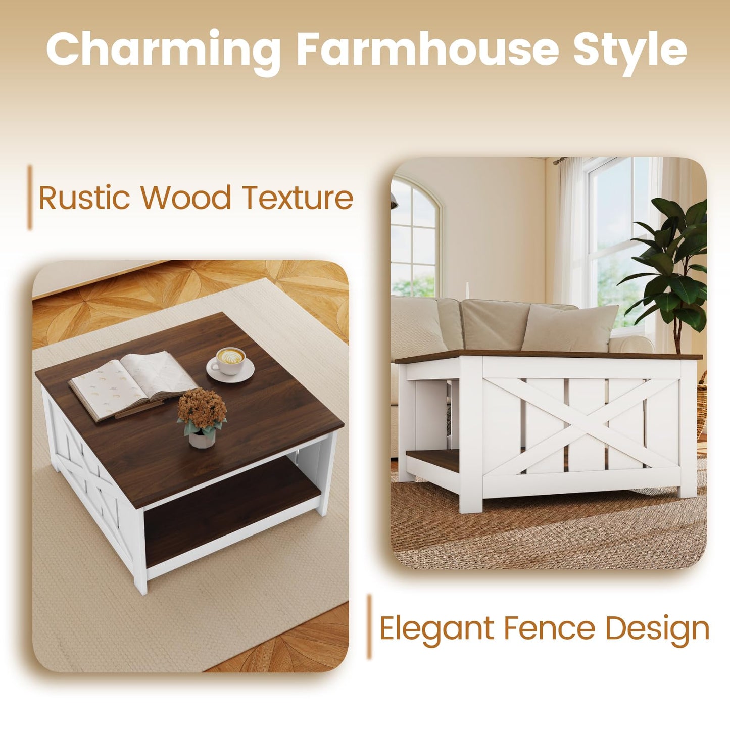 Farmhouse Coffee Table with Storage Shelf and Open Compartment