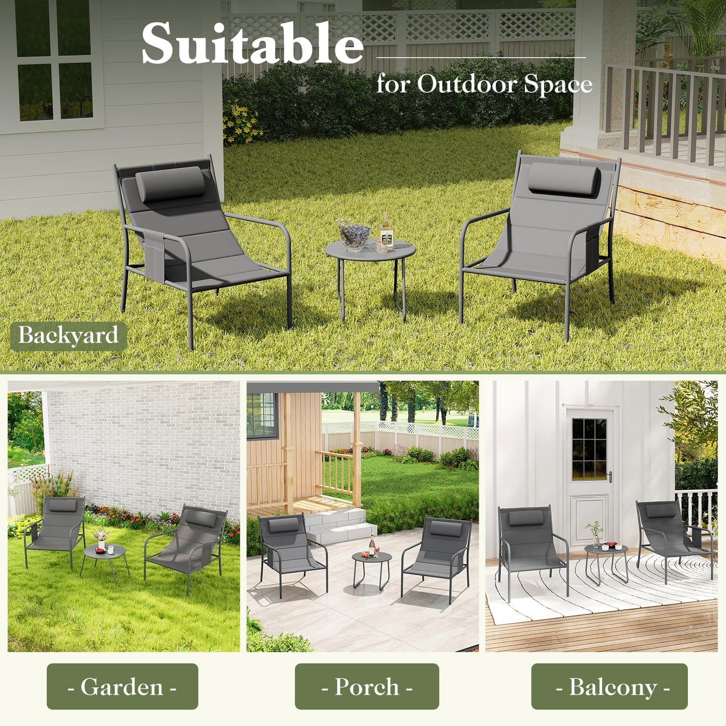 Metal Frame Chair and Coffee Table Set with Cozy Headrest & Storage Bag