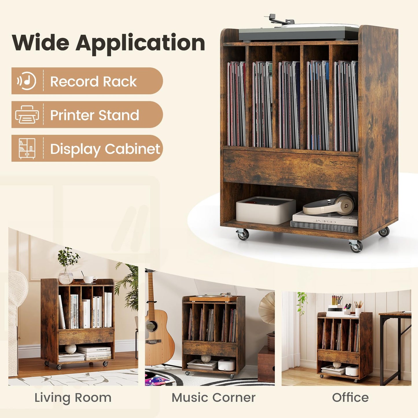 Record Player Stand On Wheels with 5 Compartments for Living Room Bedroom