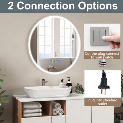 LED Bathroom Mirror with 3-Color Dimmable Lights, Time and Temp Display