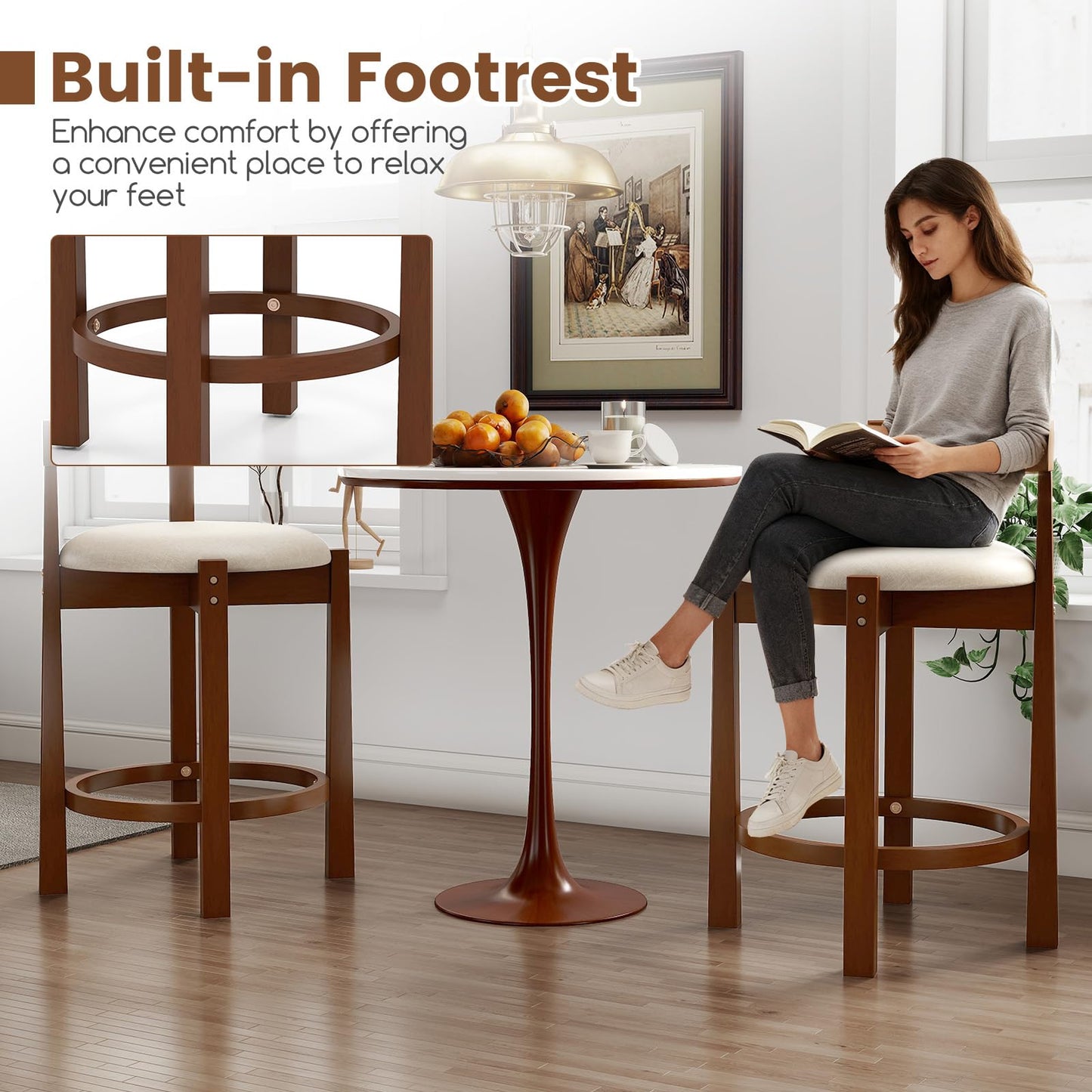 62cm Counter Height Bar Stools Set of 2 with Backrests and Footrests