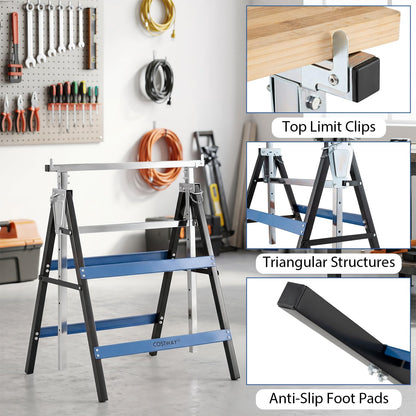 Set of 2 Adjustable Builders Trestle with Top Limit Clip (Blue) | 200kg Capacity Telescopic Saw Horse