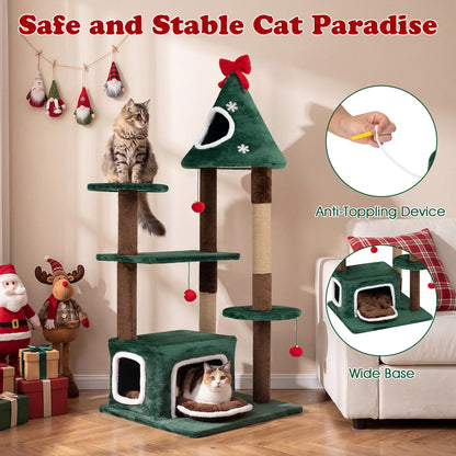 137 cm Christmas Cat Tree with 2 Condos & Removable Cushion