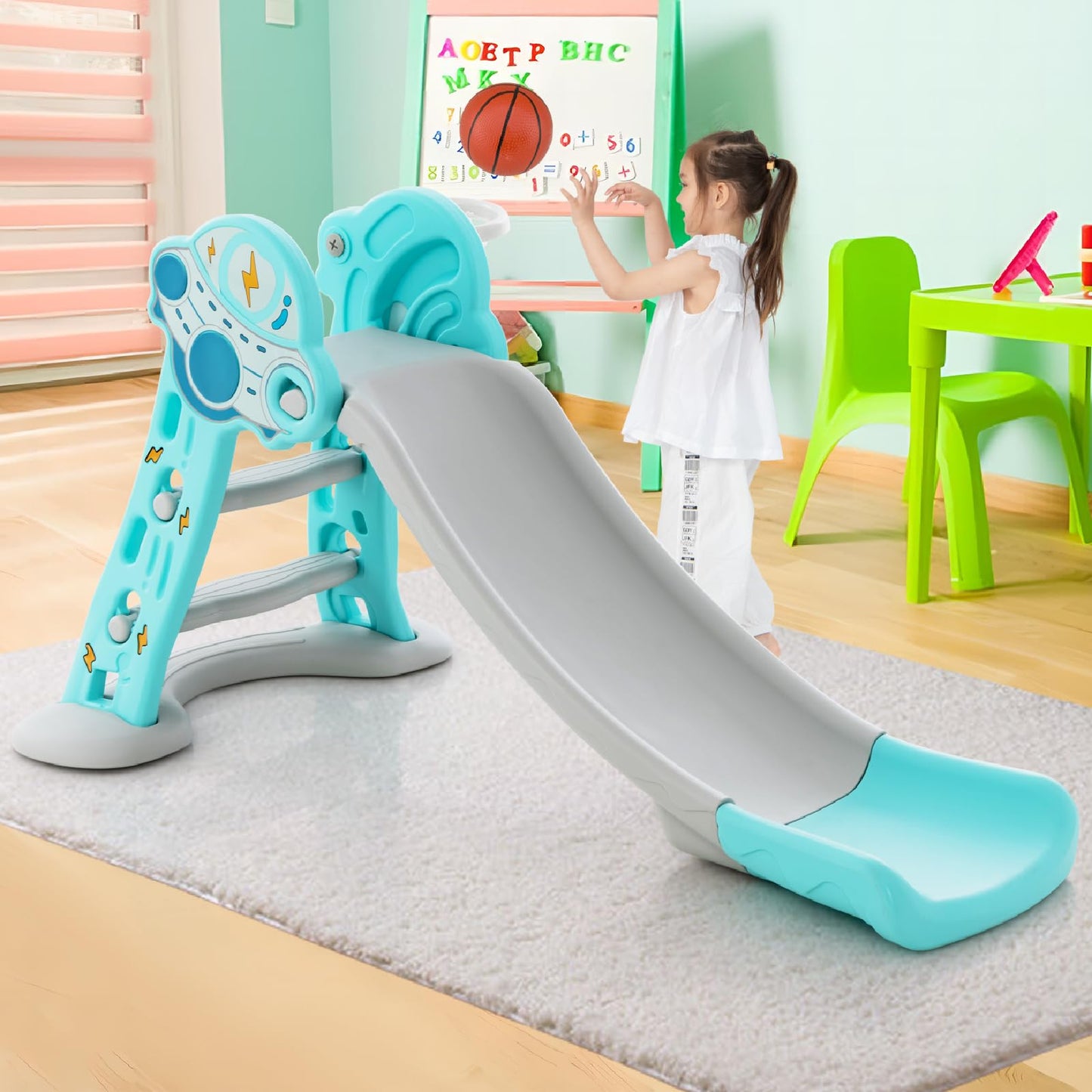 3-in-1 Indoor Slide with Basketball Hoop & Small Basketball for Kids