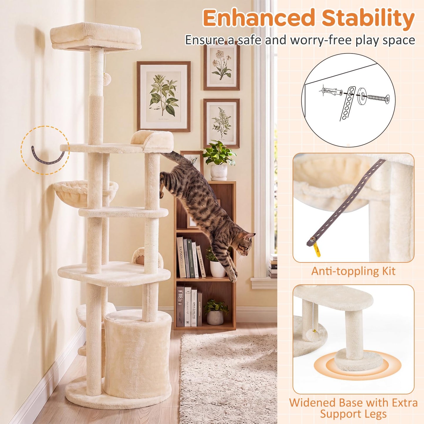 Cat Tree, 149cm Tall Cats Tower with Perches, Plush Condo, Cozy Basket