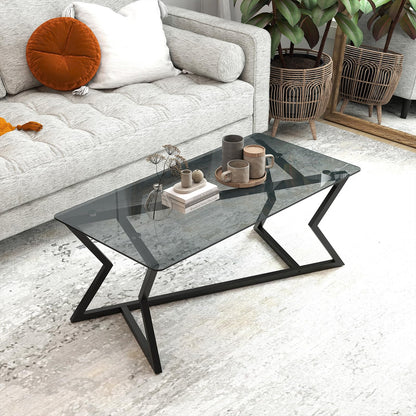 Rectangular Glass Coffee Table with Tempered Top and Metal Frame for Living Room