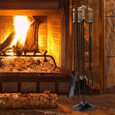 GiantexUK 5-Piece Fireplace Companion Set, Wrought Iron Fire Place Tools Set with Stand