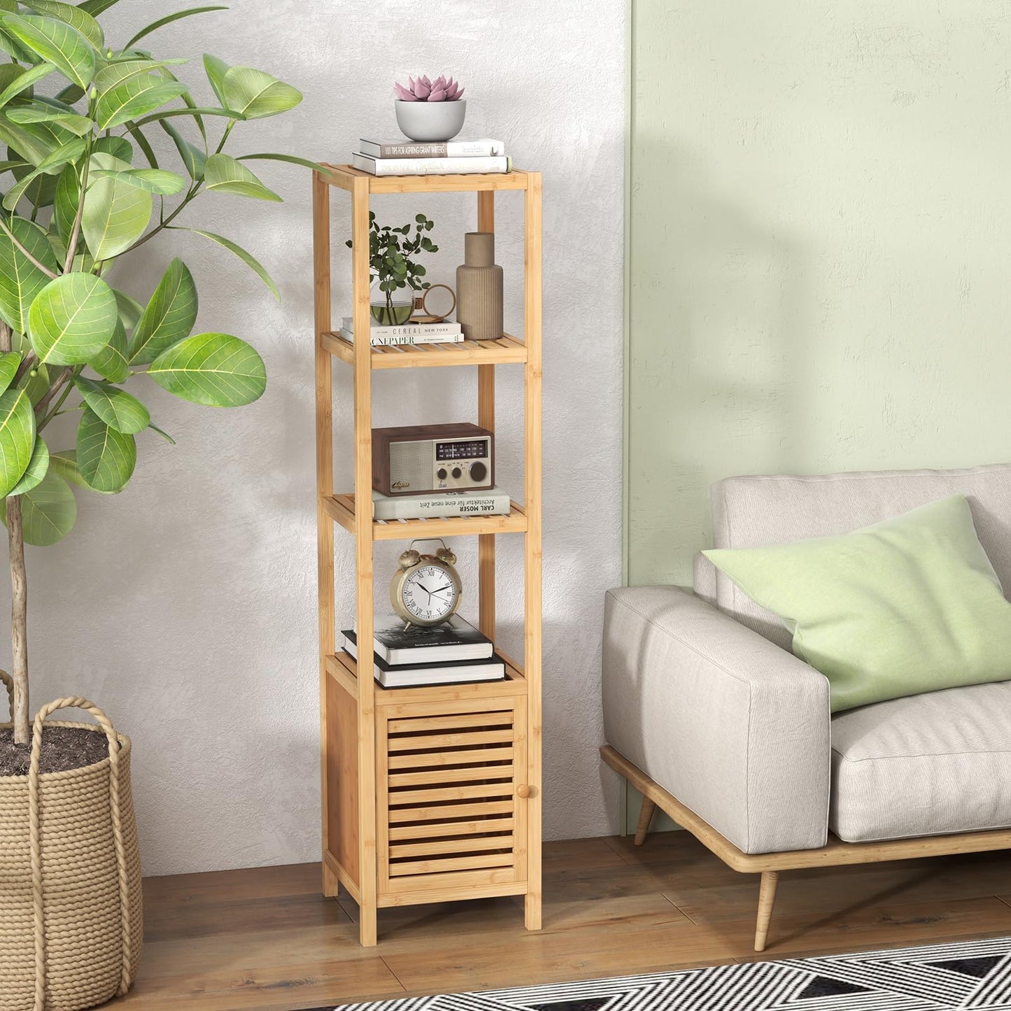 Freestanding Storage Cupboard with Shuttered Door and Open Shelves