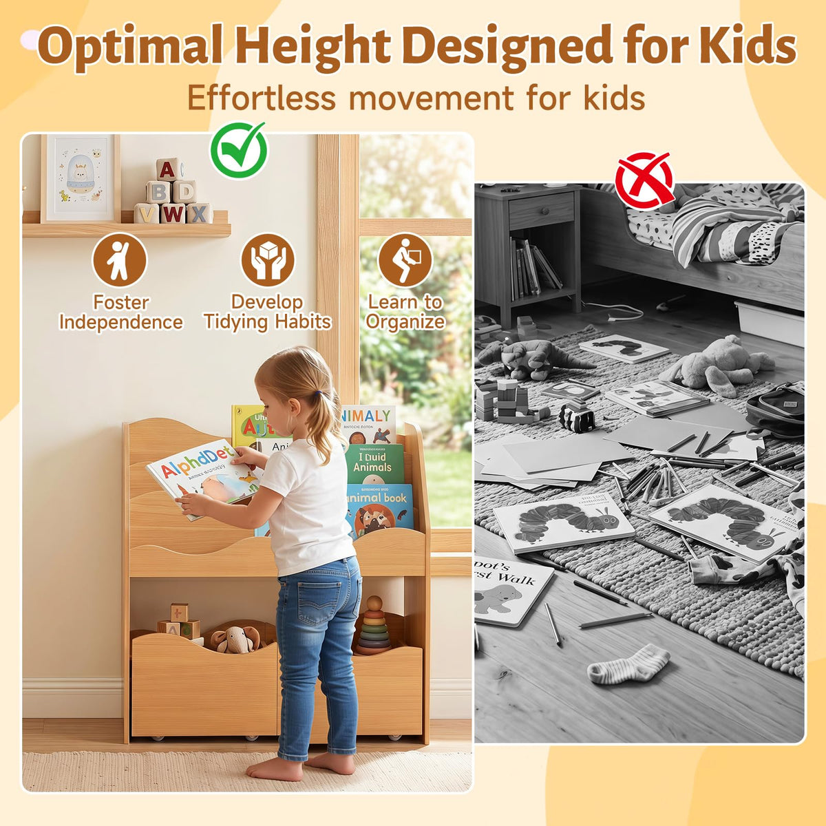 Kids Bookshelf, Storage Organizer with 2 Rolling Drawers