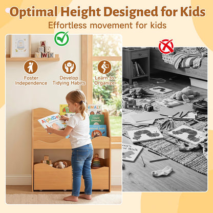Kids Bookshelf, Storage Organizer with 2 Rolling Drawers