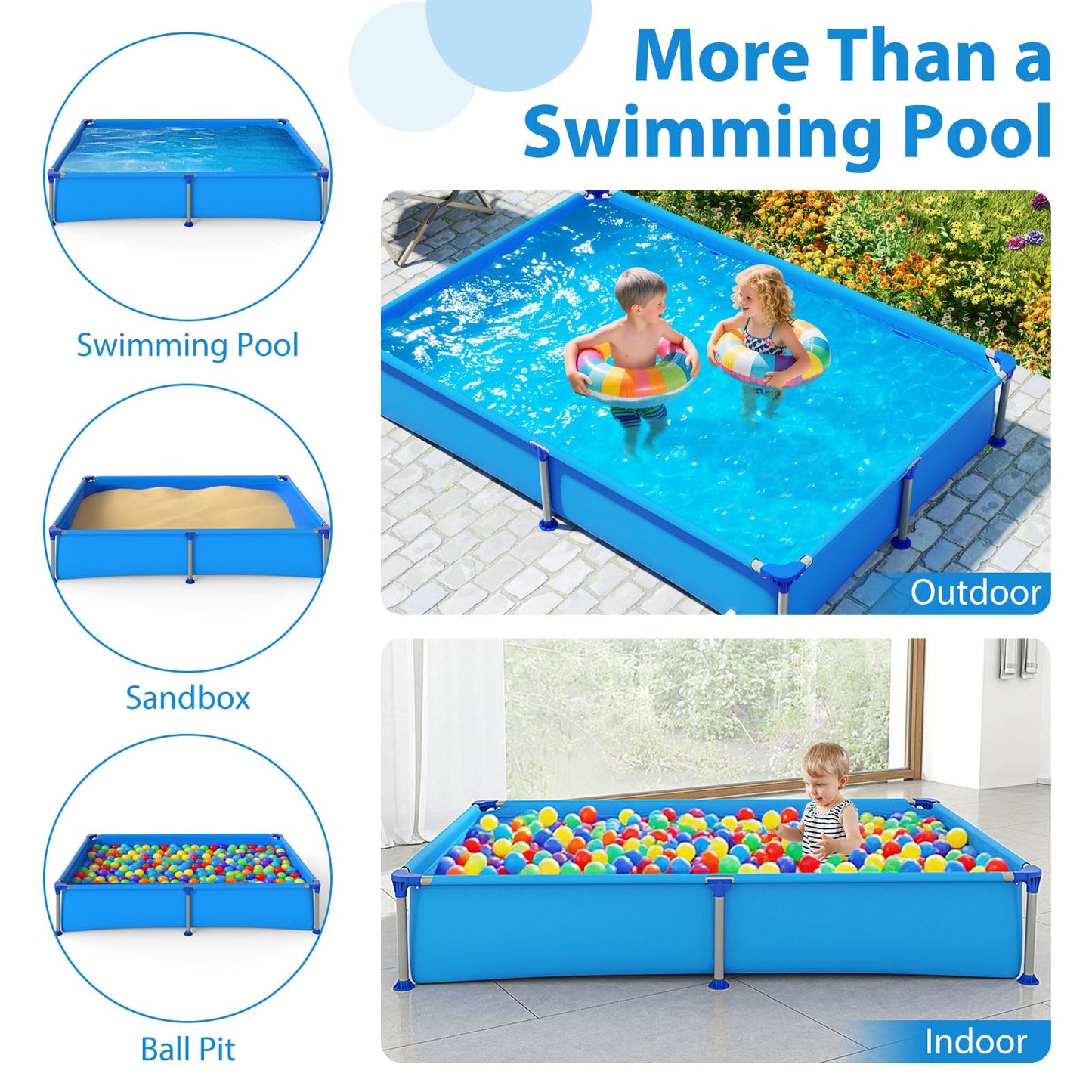 Above Ground Swimming Pool Outdoor Rectangular Pool for Kids above 3 with Metal Frame