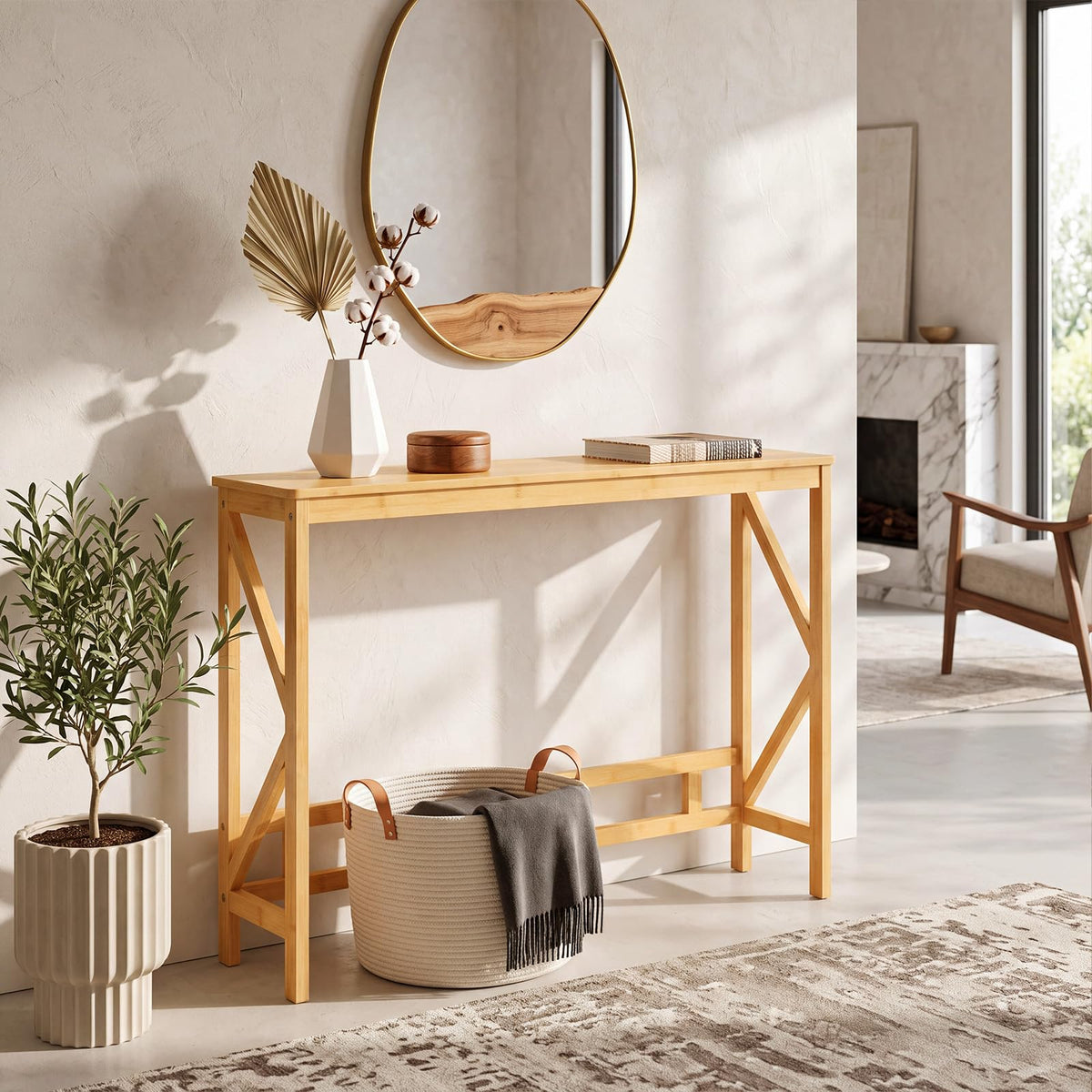 Bamboo Console Table, Narrow Freestanding Entryway Table