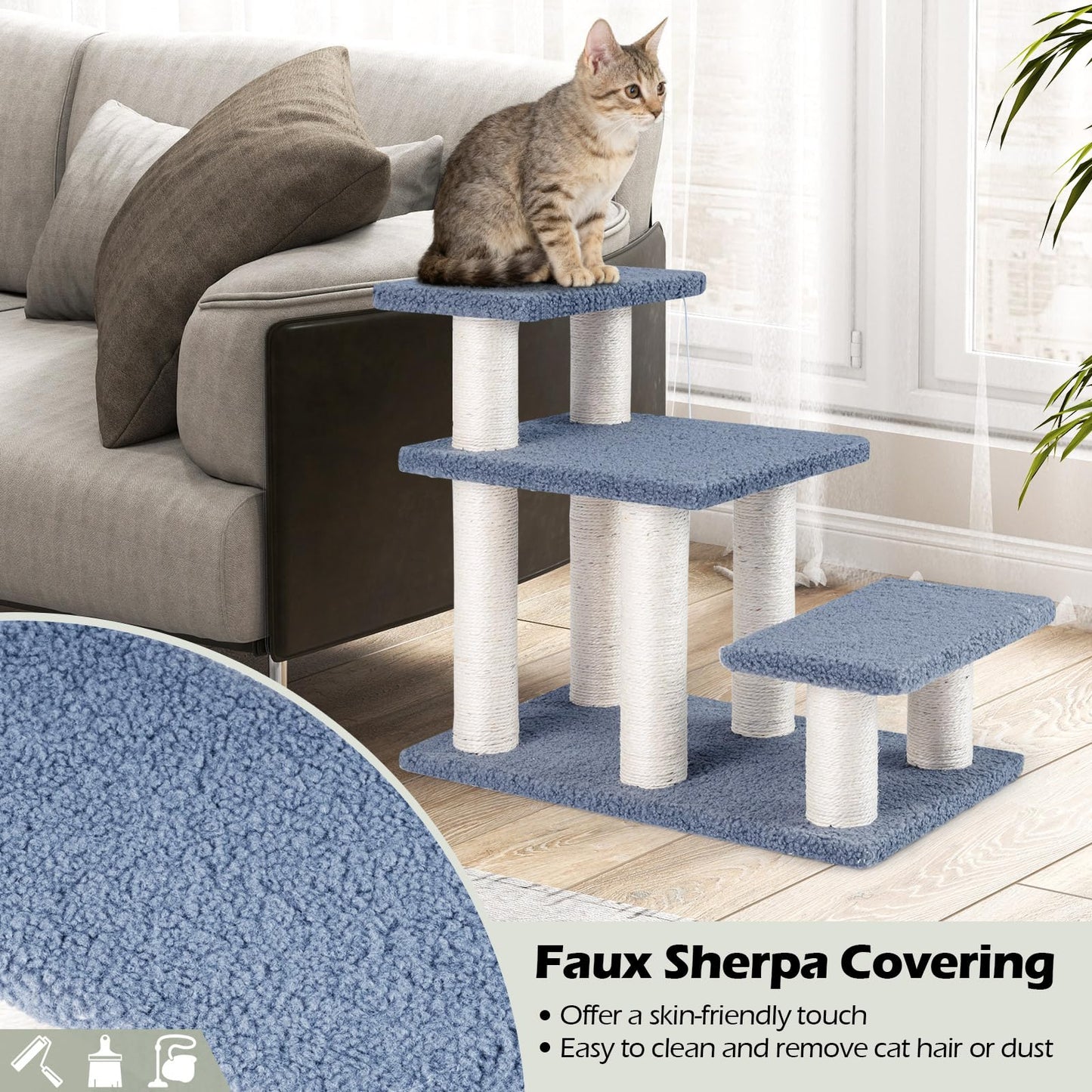 Cat Stairs, 3-Step Pet Easy Climb Ladder with Sisal Scratching Posts