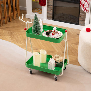 Reindeer Side Table 2-Tier Christmas Rolling Cart with Metal Frame and Wheels