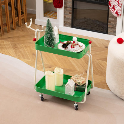 Reindeer Side Table 2-Tier Christmas Rolling Cart with Metal Frame and Wheels
