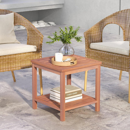 Solid Acacia Wood Outdoor Coffee Table with 2-Tier Storage Shelves
