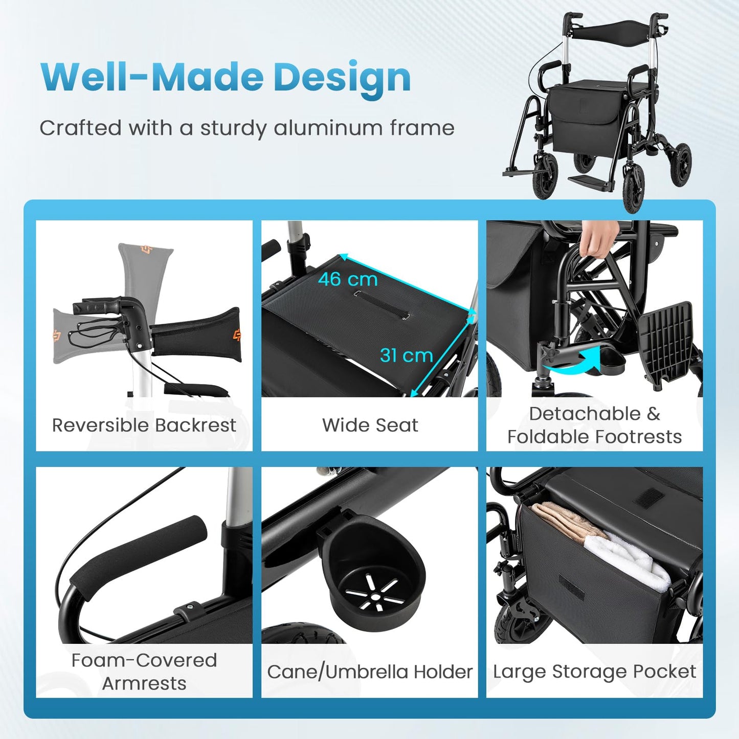 Wheeled Walking Frame Transfer Wheelchair with Seat