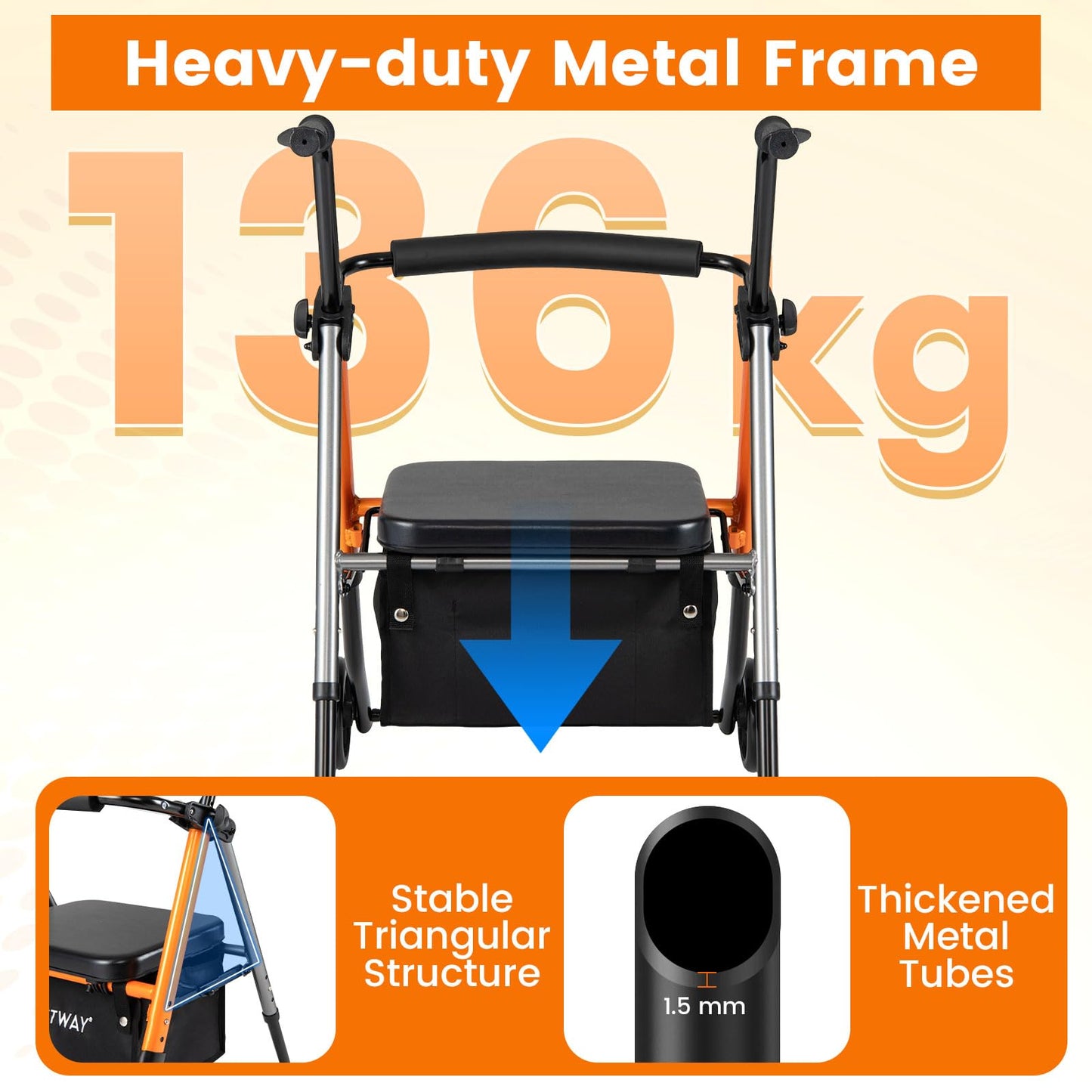 Adjustable Height Folding Lightweight Rollator Walker with Backrest