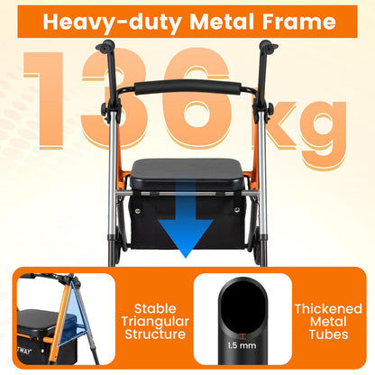 Adjustable Height Folding Lightweight Rollator Walker with Backrest
