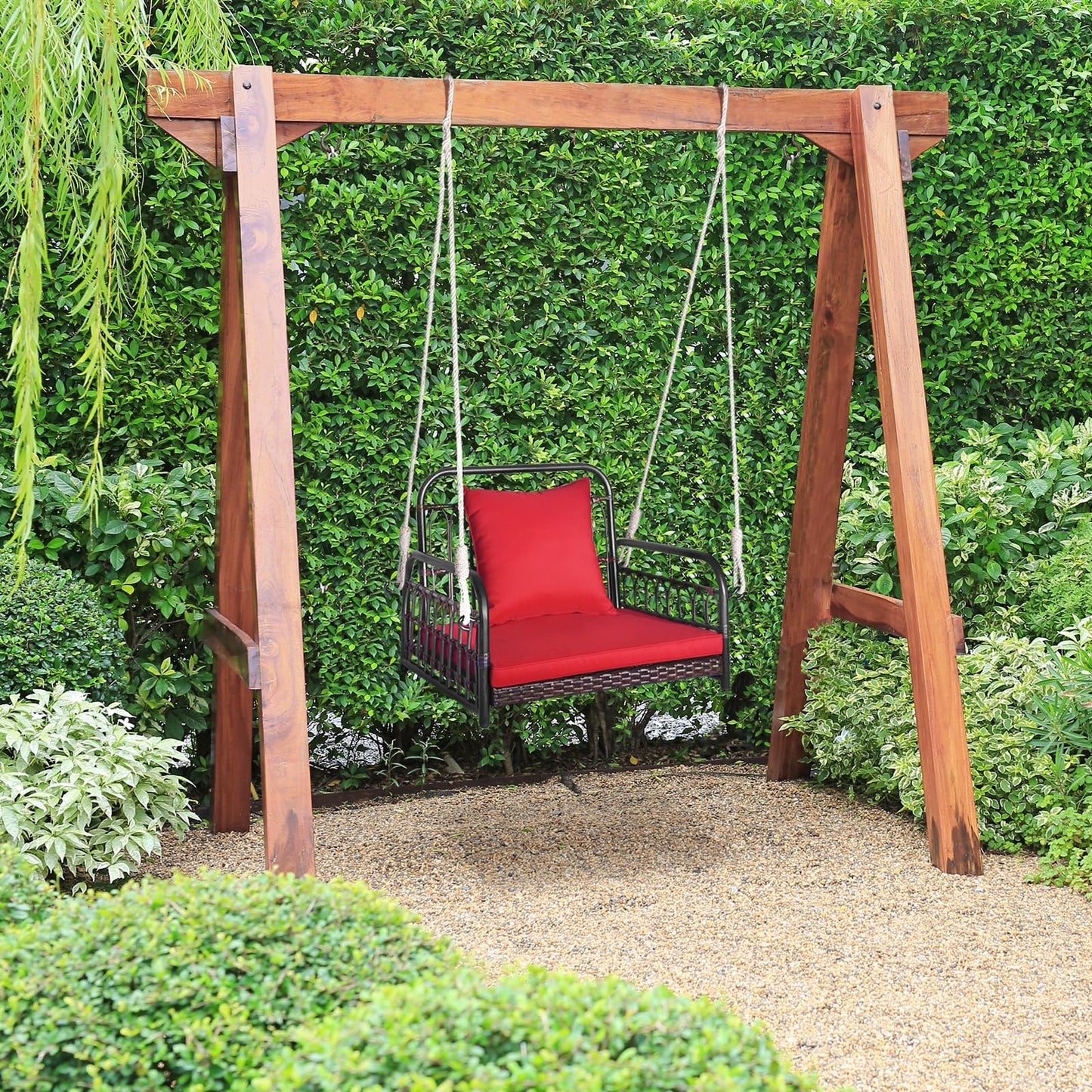 1 Person Rattan Woven Hammock Chair with Back and Seat Cushion