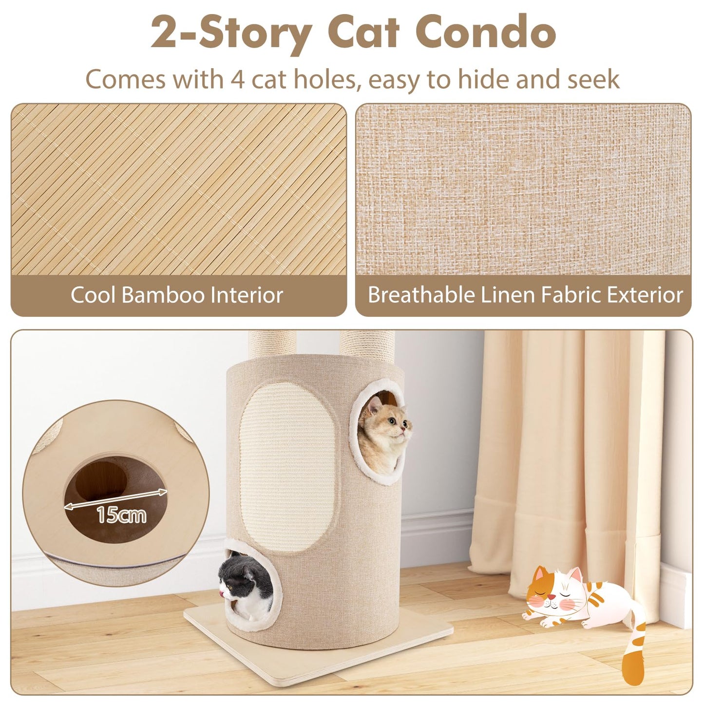 187 cm Tall Wooden Cat Tower Tree with 2-Story Cat Condo