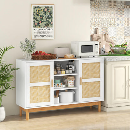 120 CM Sideboard Buffet Cabinet with 2 Bamboo Woven Doors and 3 Open Shelves